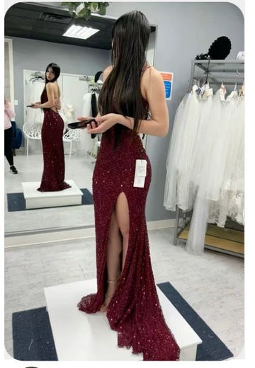 Mermaid Spaghetti Straps Burgundy Sequin Prom Dresses Party Dress SD1316 HZ0628